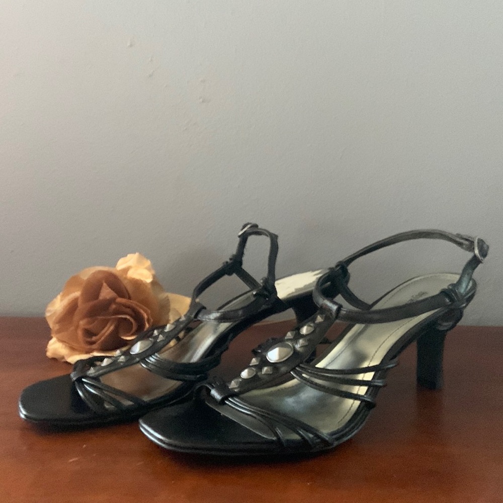 Black mid heel sandals. Metal adorned Contemporary square toe. Size 7 1/2